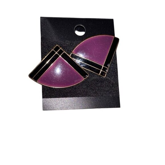 Vtg 1980s 1990s Purple & Black Triangle Earrings, Statement Oversized Retro - Picture 2 of 3